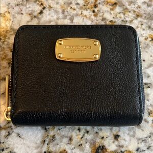 Michael Kors Black Leather Zip Card Holder with Gold Plaque